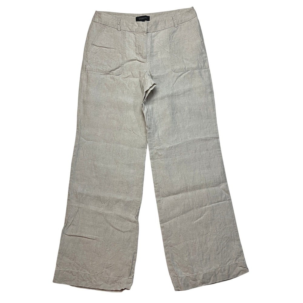 Talbots Pants Womens 8 Beige 100% Linen Wide Leg Trouser Casual Coastal VN5094